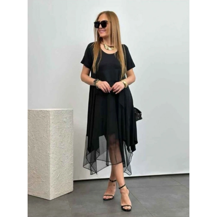 Kadın Kısa Kollu Yuvarlak Tüllü Asimetrik Detaylı Viskon Elbise