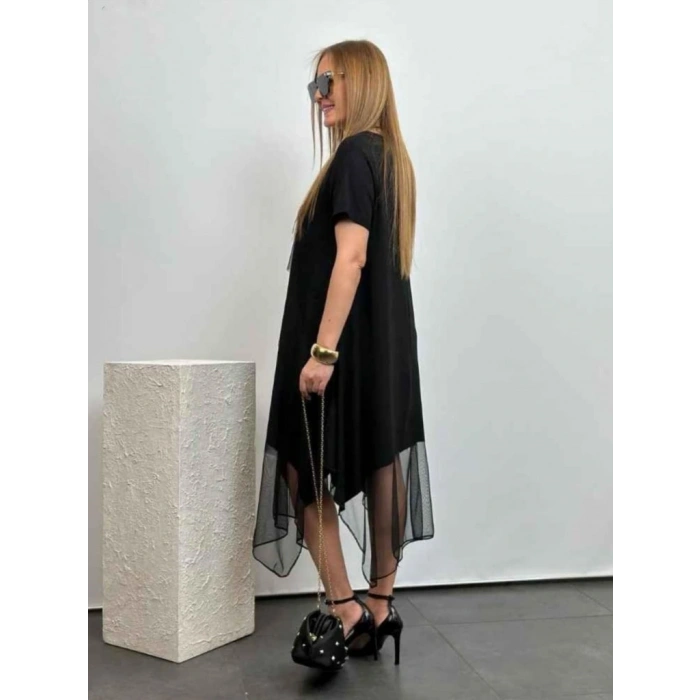 Kadın Kısa Kollu Yuvarlak Tüllü Asimetrik Detaylı Viskon Elbise