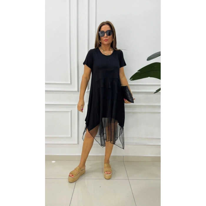 Kadın Kısa Kollu Yuvarlak Tüllü Asimetrik Detaylı Viskon Elbise
