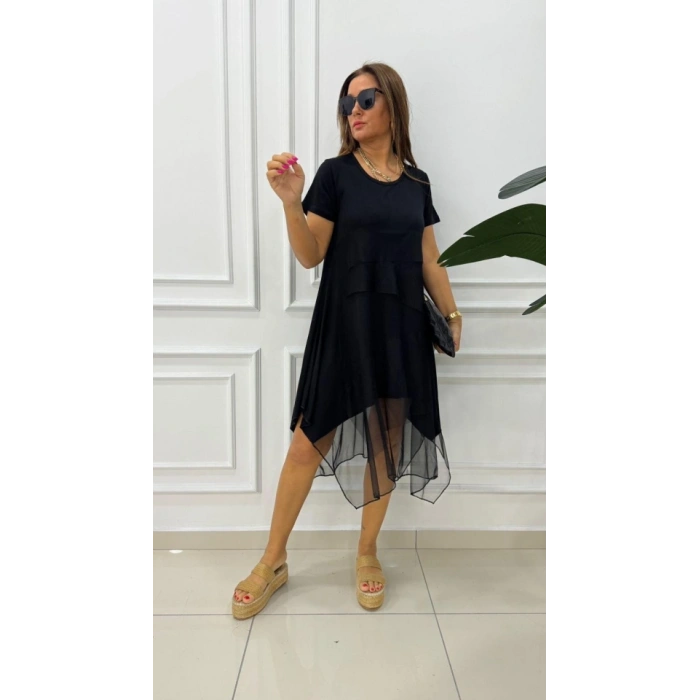 Kadın Kısa Kollu Yuvarlak Tüllü Asimetrik Detaylı Viskon Elbise