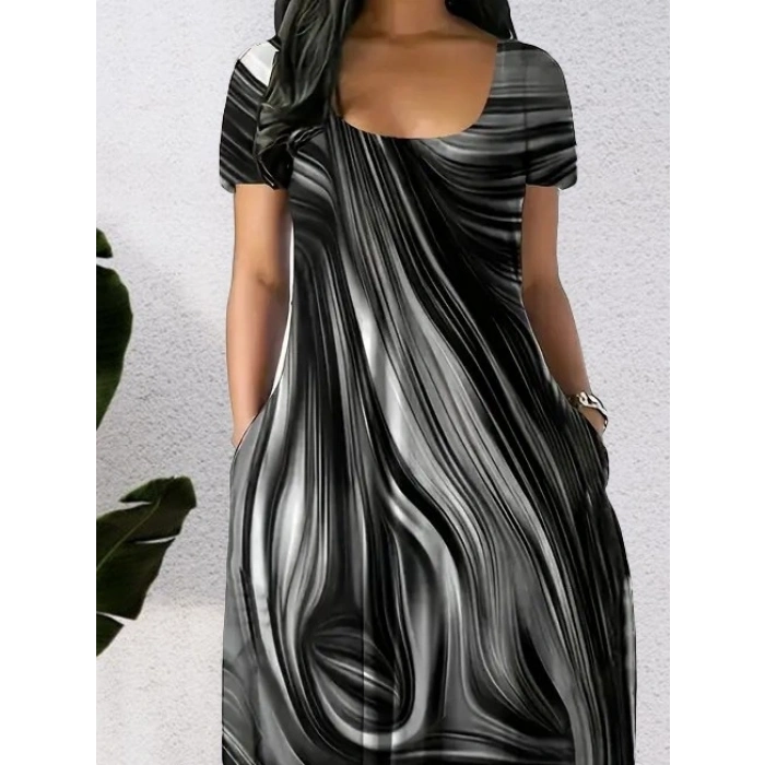 Kadın Kısa Kollu Yuvarlak Yaka Cepli Salaş Baskılı Süprem Elbise