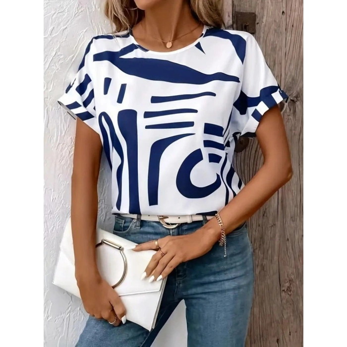 Kadın Kısa Kollu Yuvarlak Yaka Desenli Süprem Bluz