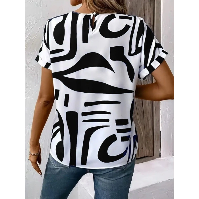 Kadın Kısa Kollu Yuvarlak Yaka Desenli Süprem Bluz