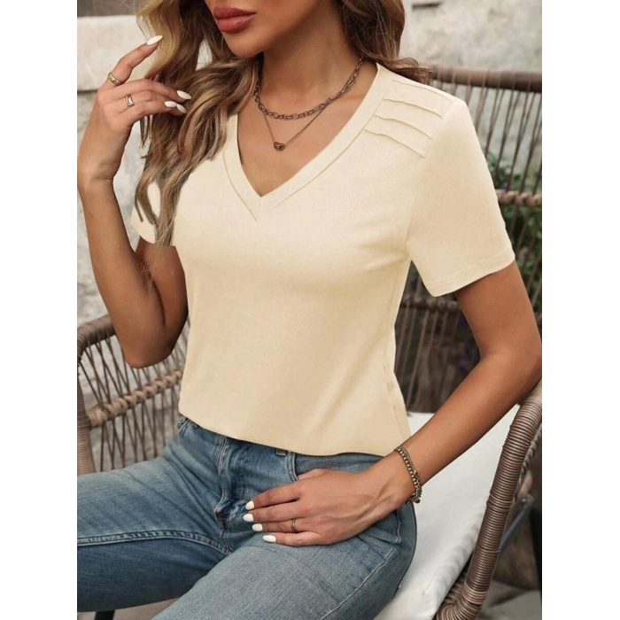 Kadın Kollu V Yakalı Omuzlarda çizgi Detaylı Viskon Bluz