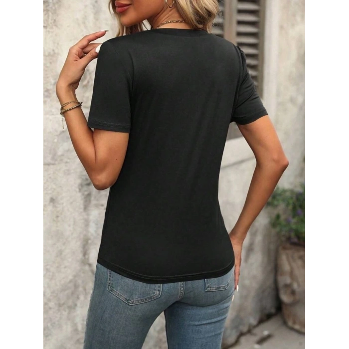 Kadın Kollu V Yakalı Omuzlarda çizgi Detaylı Viskon Bluz