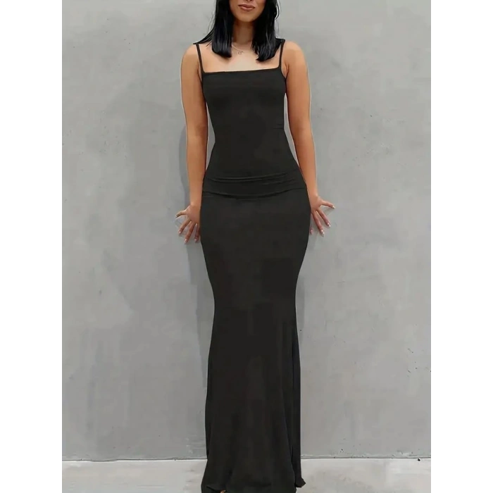 Kadın Kolsuz Askılı Bodycon Uzun Viskon Elbise