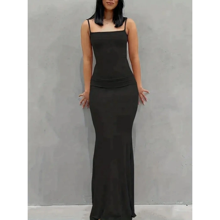Kadın Kolsuz Askılı Bodycon Uzun Viskon Elbise