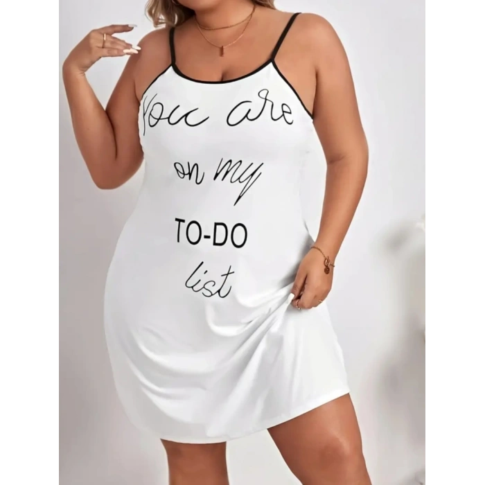 Kadın Kolsuz Askılı Sırt çapraz Detay To Do List Baskı Süprem Gecelik Elbise