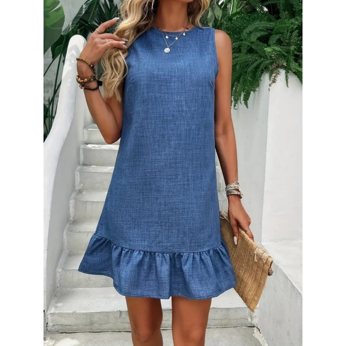 Kadın Kolsuz Bisiklet Yaka Fırfırlı Sofya Elbise