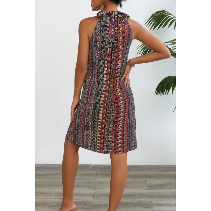 Kadın Kolsuz Boyundan Askılı Desenli Midi Süprem Elbise