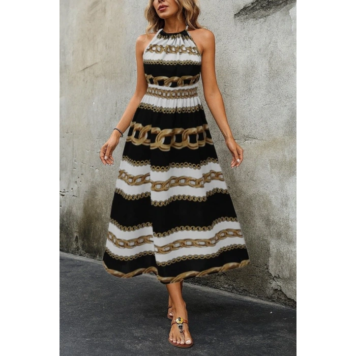 Kadın Kolsuz Boyundan Bağlamalı Beli Lastikli Dijital Baskı Süprem Uzun Elbise