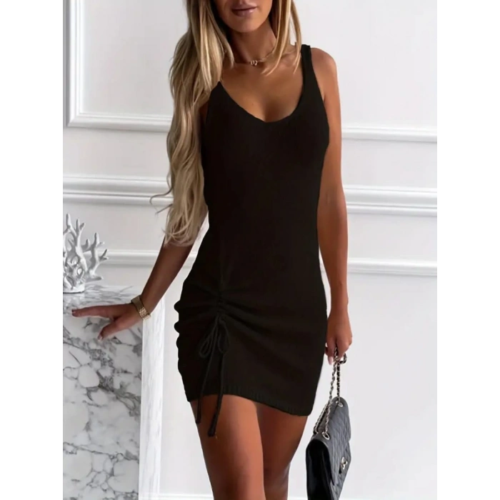 Kadın Kolsuz Eteği Büzgü Detay Triko Elbise