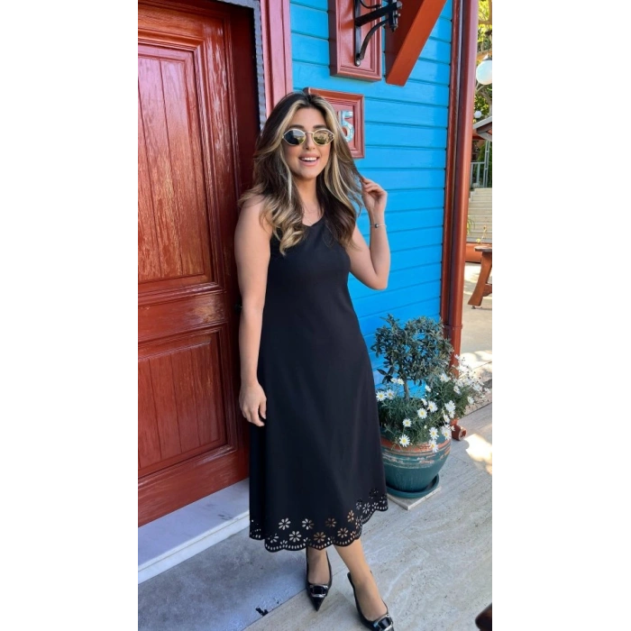 Kadın Kolsuz Etek Ucu Lazer Kesim çiçek Desenli Midi Boy Janjan Krep Elbise