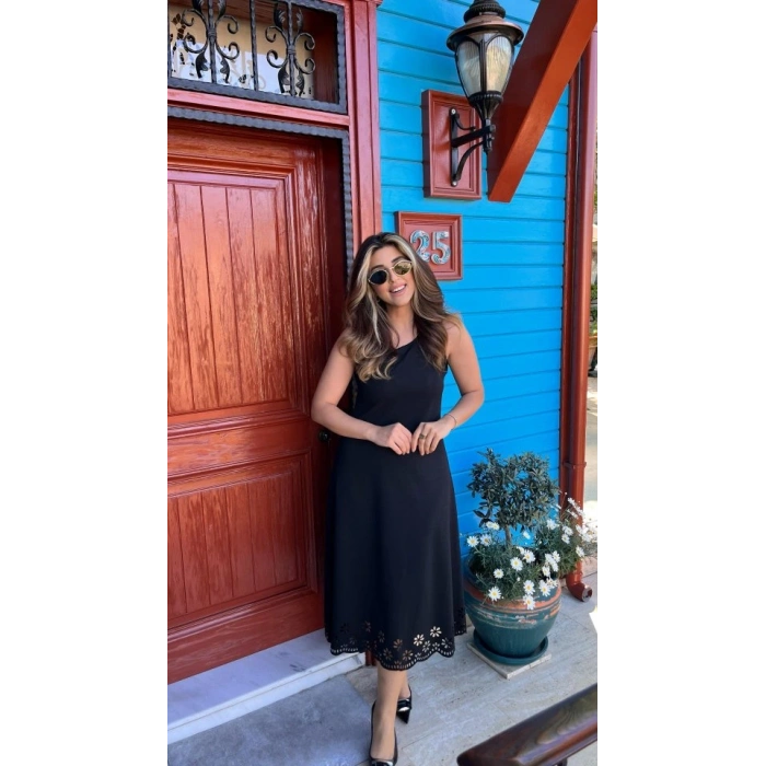 Kadın Kolsuz Etek Ucu Lazer Kesim çiçek Desenli Midi Boy Janjan Krep Elbise