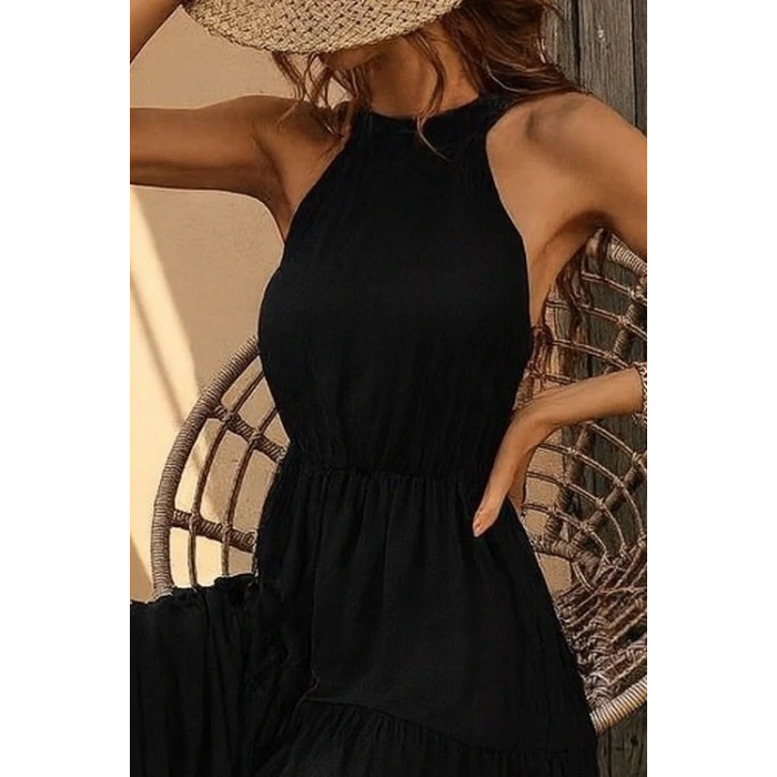 Kadın Kolsuz Halter Yaka Beli Lastiklidesenli Mikro Elbise