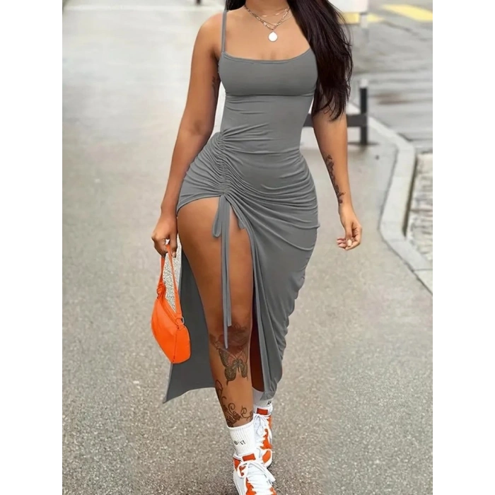 Kadın Kolsuz Ip Askılı Yandan Büzgülü Uzun Viskon Elbise