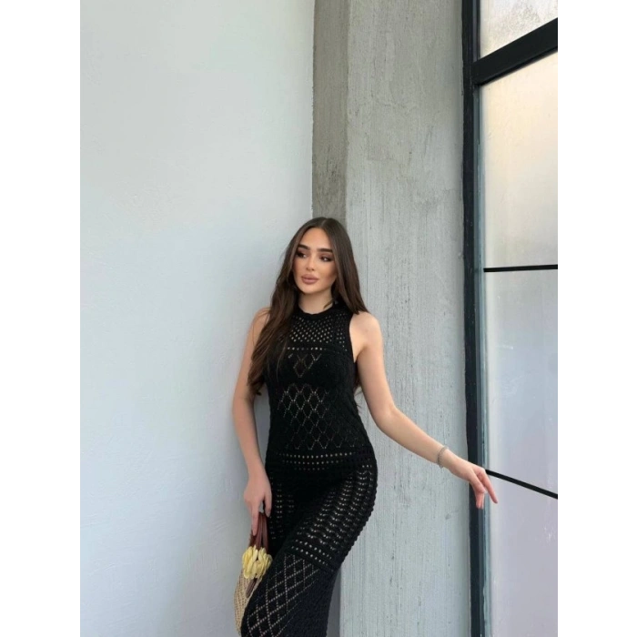 Kadın Kolsuz Kuş Gözü Teday Full Transparan Maxi Boy Elbise