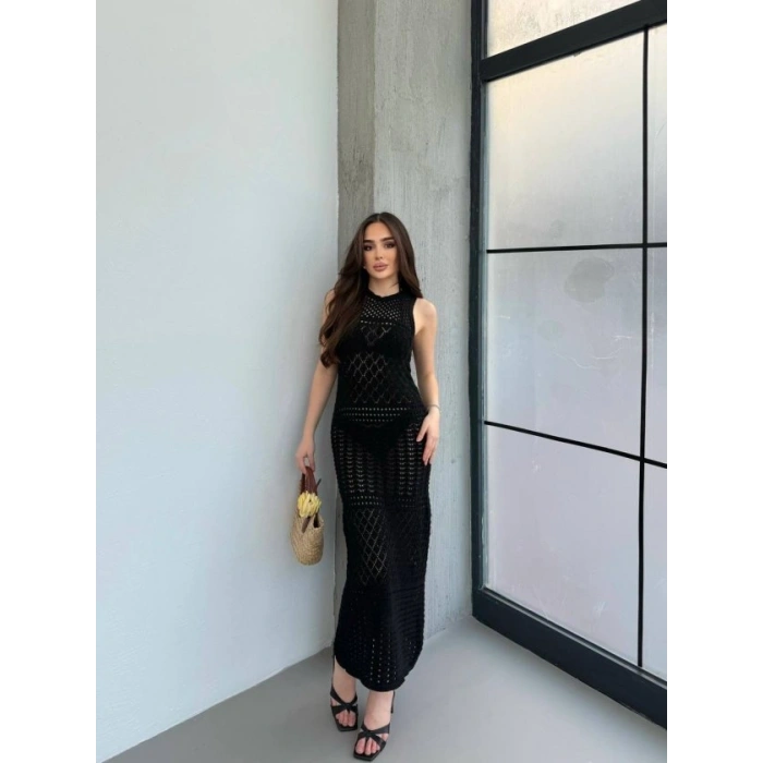 Kadın Kolsuz Kuş Gözü Teday Full Transparan Maxi Boy Elbise