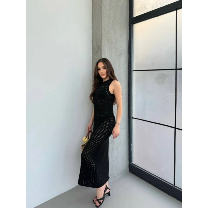 Kadın Kolsuz Kuş Gözü Teday Full Transparan Maxi Boy Elbise