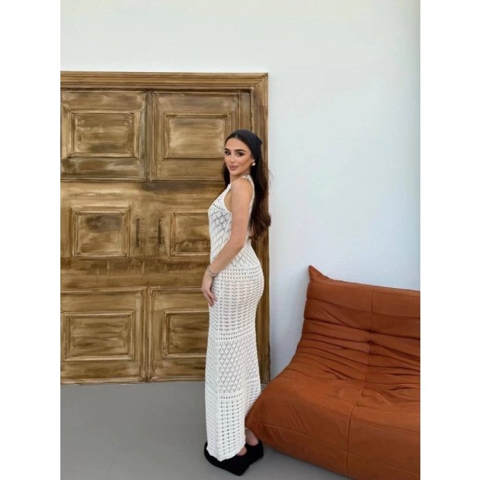 Kadın Kolsuz Kuş Gözü Teday Full Transparan Maxi Boy Elbise