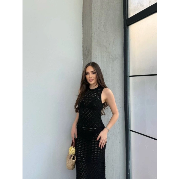 Kadın Kolsuz Kuş Gözü Teday Full Transparan Maxi Boy Elbise