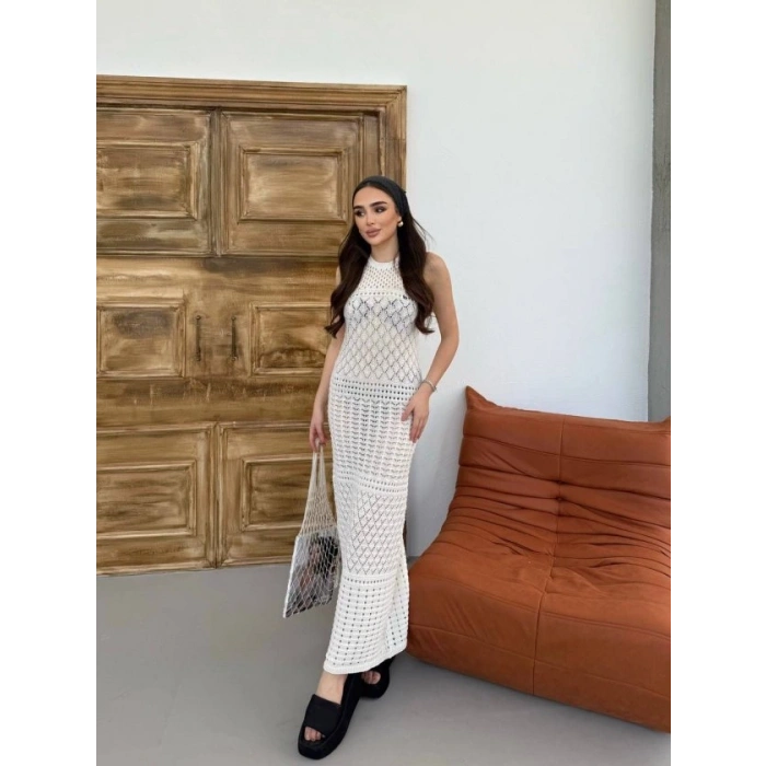 Kadın Kolsuz Kuş Gözü Teday Full Transparan Maxi Boy Elbise