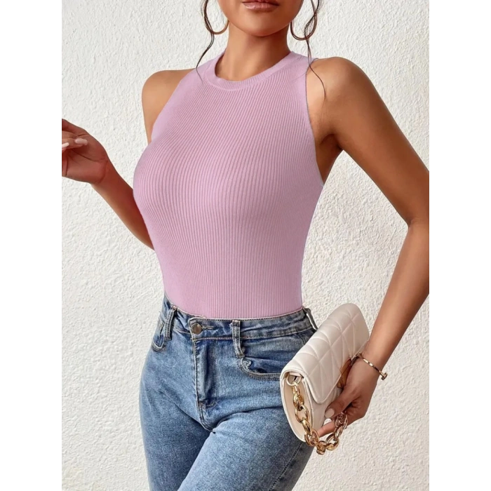 Kadın Kolsuz Sırt çapraz Detay Triko Bluz