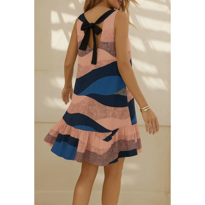 Kadın Kolsuz Sırttan Bağlamalı Fırfırlı Leopar Desenli Dalgıç Elbise