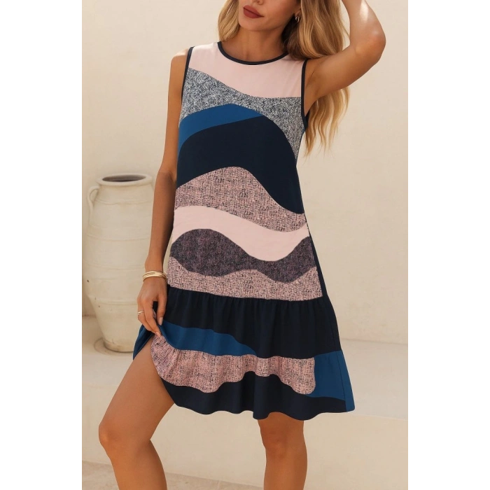 Kadın Kolsuz Sırttan Bağlamalı Fırfırlı Leopar Desenli Dalgıç Elbise