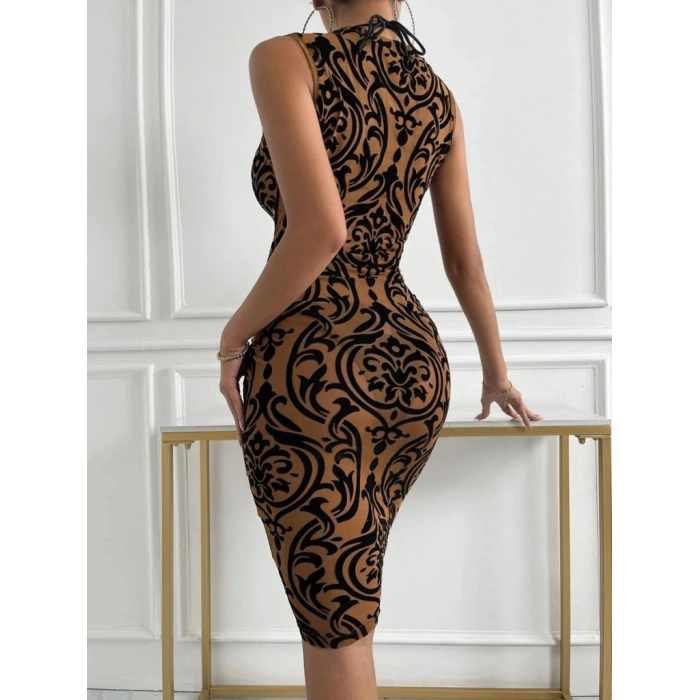 Kadın Kolsuz Yarı Balıkçı Yaka Desenli Dalgıç Elbise