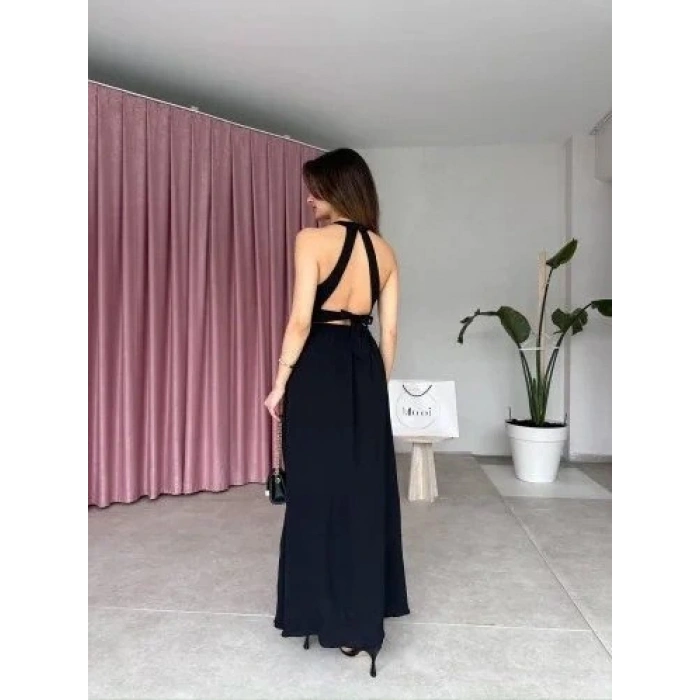 Kadın Krinkil Kumaş Beli Gipeli Halter Yaka Maxi Boy Elbise