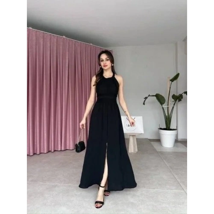 Kadın Krinkil Kumaş Beli Gipeli Halter Yaka Maxi Boy Elbise