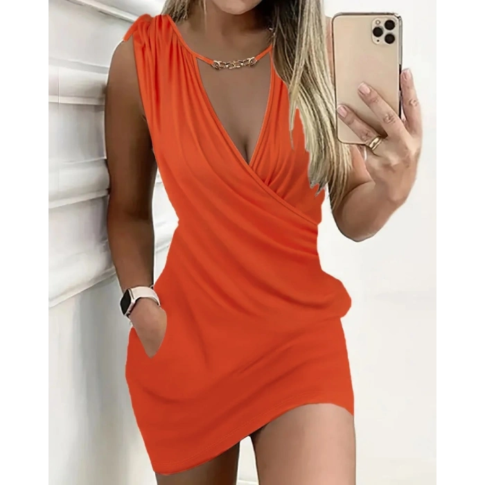 Kadın Kruvaze Yaka Büzgü Ve Zincir Aksesuar Detay Cepli Sandy Mini Elbise