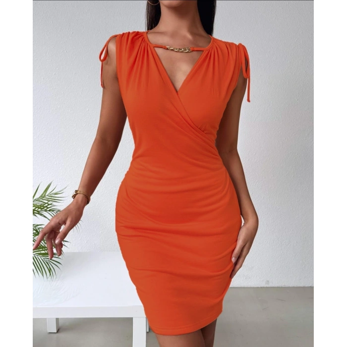 Kadın Kruvaze Yaka Büzgü Ve Zincir Aksesuar Detay Cepli Sandy Mini Elbise