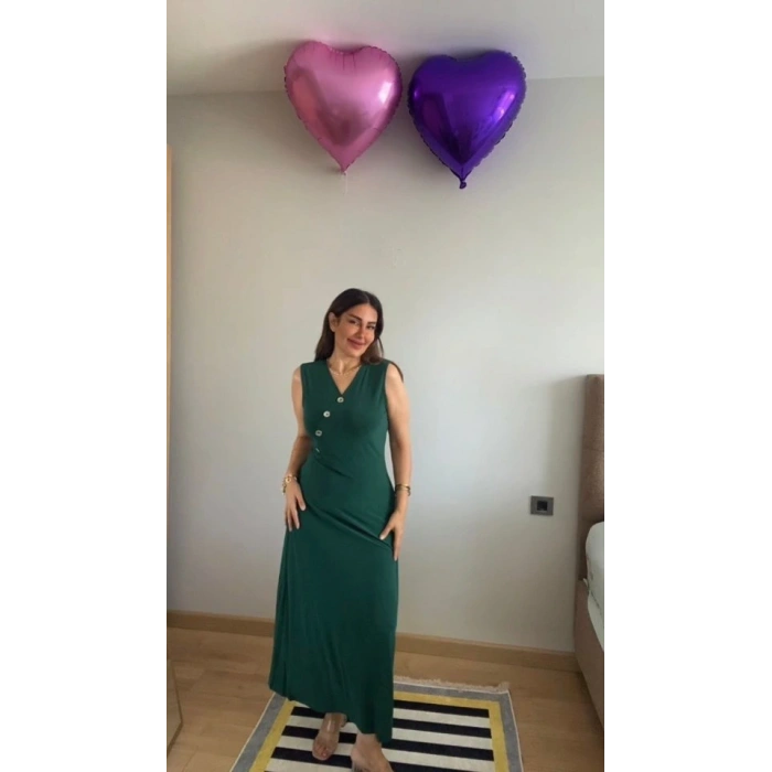 Kadın Kruvaze Yaka Düğme Detay Maxi Boy Elbise