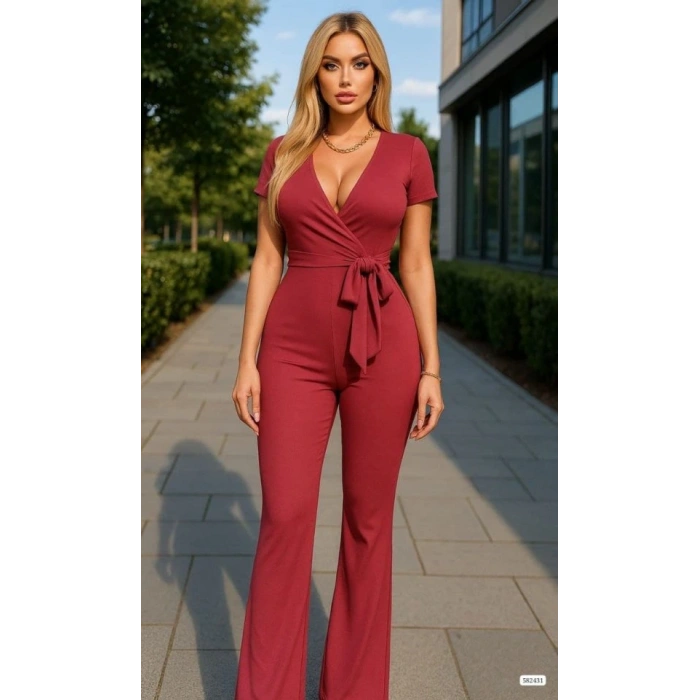 Kadın Kruvaze Yaka Kısa Kollu Kuşaklı Tulum