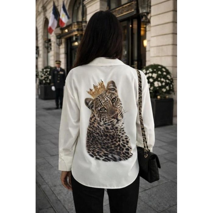 Kadın Leopar Baskılı Taş Işlemeli Jessica Kumaş Gömlek