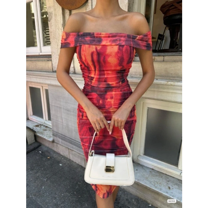 Kadın Madonna Yaka Dalga Desen Midi Boy şifon Elbise