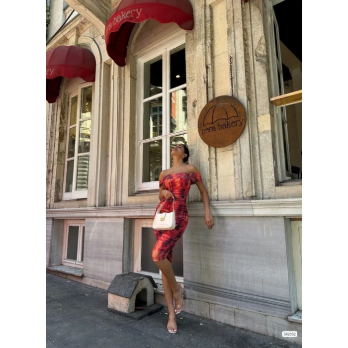 Kadın Madonna Yaka Dalga Desen Midi Boy şifon Elbise