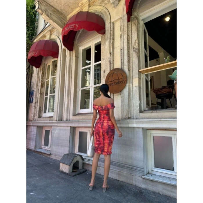 Kadın Madonna Yaka Dalga Desen Midi Boy şifon Elbise