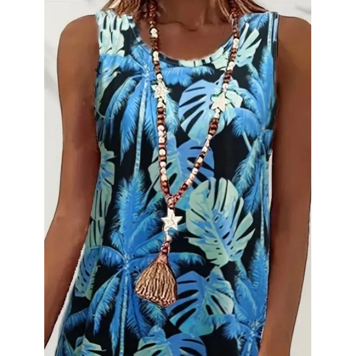 Kadın Mavi Yaprak Baskılı Askılı Süprem Elbise