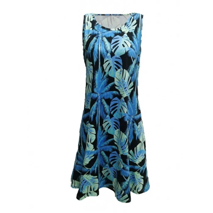 Kadın Mavi Yaprak Baskılı Askılı Süprem Elbise