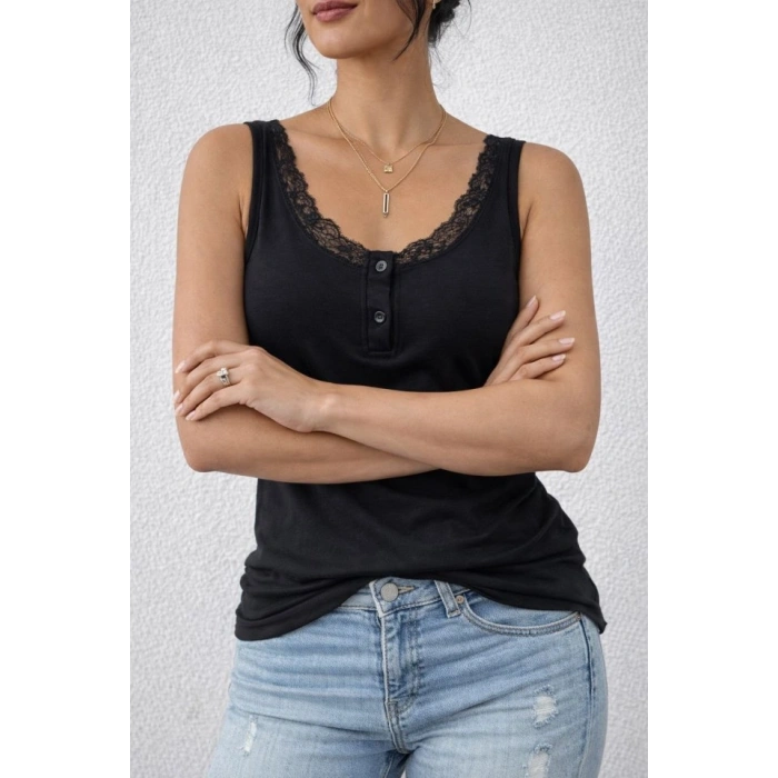 Kadın Omuz Askılı Dantel Güpür Detay Bluz