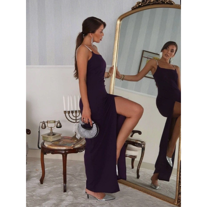 Kadın Omuz Askılı Derin Yırtmaç Detay Maxi Boy Elbise