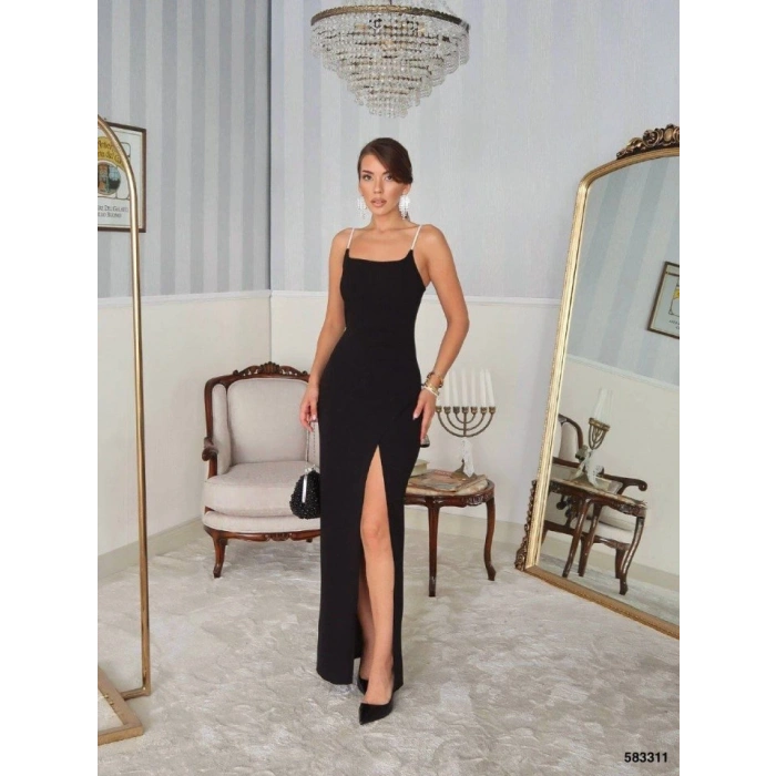 Kadın Omuz Askılı Derin Yırtmaç Detay Maxi Boy Elbise