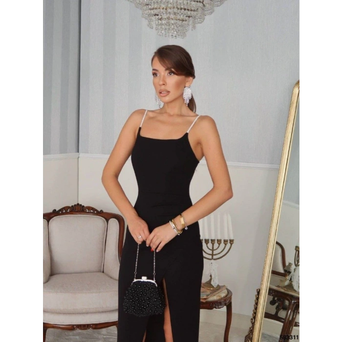 Kadın Omuz Askılı Derin Yırtmaç Detay Maxi Boy Elbise