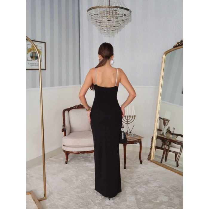 Kadın Omuz Askılı Derin Yırtmaç Detay Maxi Boy Elbise