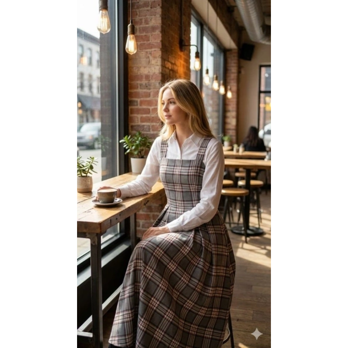 Kadın Omuz Askılı Full Ekose Detay Elbise