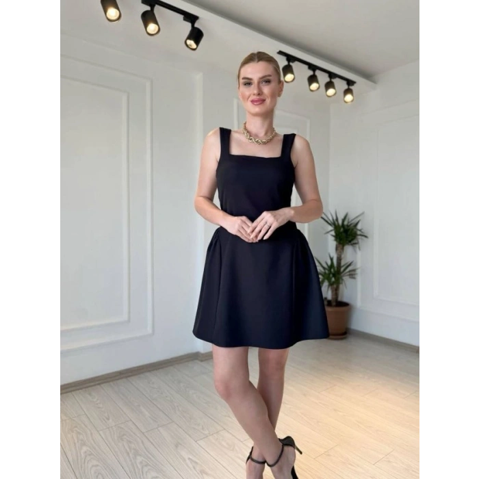 Kadın Omuz Askılı Kare Yaka Ithal Atlas Kumas Mini Elbise