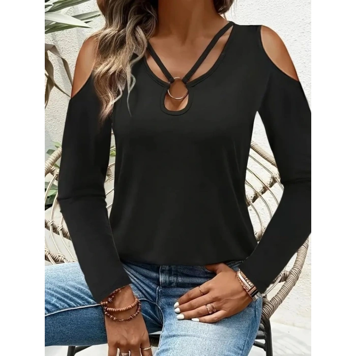 Kadın Omuzlardan Açık Uzun Kollu Yakadan Halka şerit Detaylı Viskon Bluz